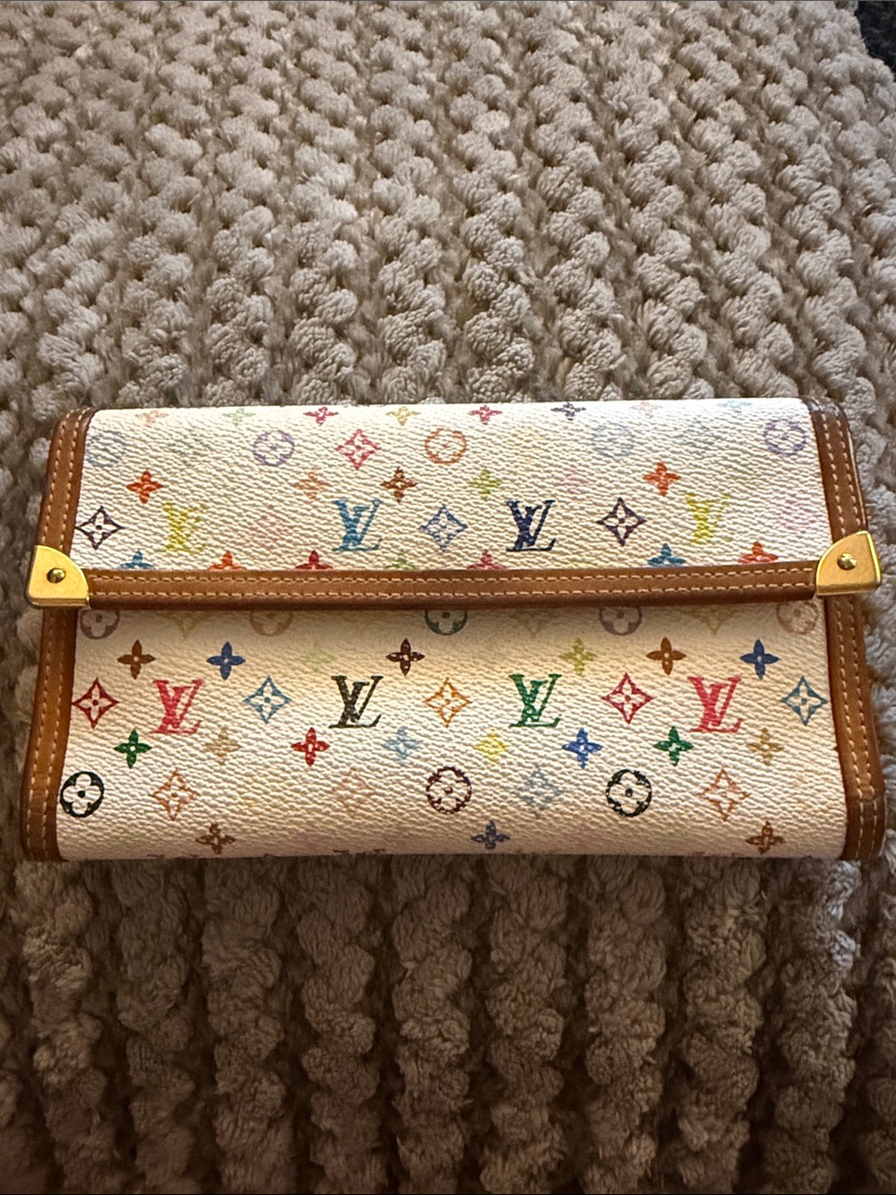 Louis Vuitton White Multicolor Monogram Canvas Fold-Over Wallet with Brown Trim